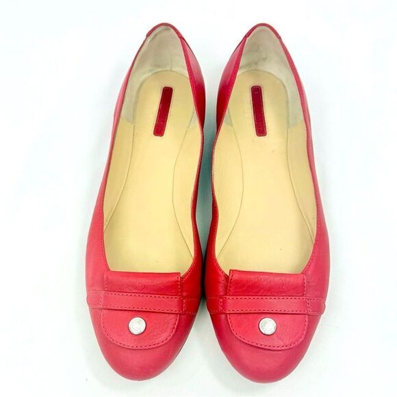Longchamp Red Leather Logo Snap Toe Italian Made Slip On Classic Ballet Flats - Picture 5 of 15